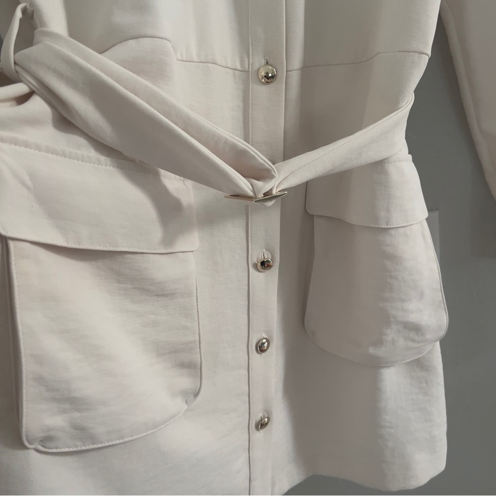ZARA Women’s XL Gold Button Utility Belted Shirt Dress Ivory Cream Butter White - Picture 7 of 13